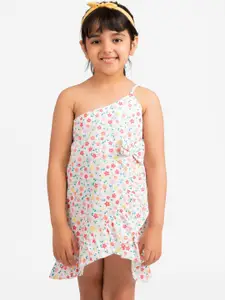 KIDKLO Girls White Printed One Shoulder Cotton Floral Ruffle Wrap Dress