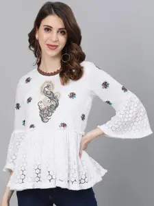 Ishin White & Brown Floral Embroidered Bell Sleeves Pure Cotton A-Line Top