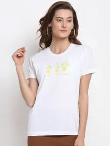 YOLOCLAN Women White Printed Round Neck T-shirt