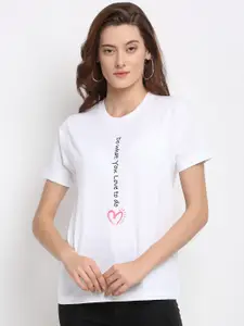 YOLOCLAN Women White Printed Round Neck T-shirt