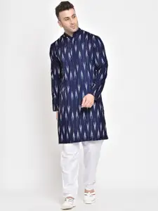 Hangup Men Navy Blue & White Geometric Printed Indigo Kurta