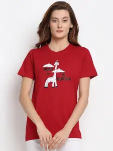 YOLOCLAN Women Red Printed Round Neck T-shirt