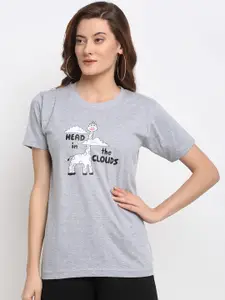 YOLOCLAN Women Grey Melange Printed Round Neck T-shirt