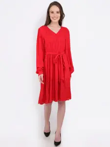 MARC LOUIS Women Red Embroidered Fit and Flare Dress