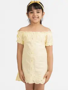 KIDKLO Girls Yellow Self Design Sheath Dress