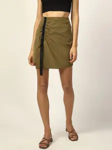 ZOELLA Women Olive Green Solid Mini-Length Straight Ruched Skirt