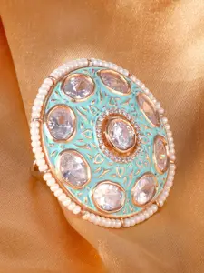 Saraf RS Jewellery Gold-Plated Sea Green & White AD-Studded Handcrafted Adjustable Finger Ring