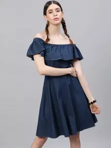 STREET 9 Women Blue Solid Fit and Flare Cotton Denim Dress