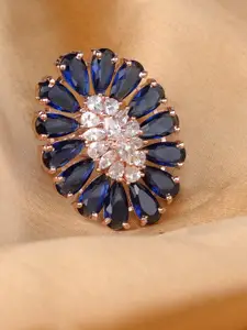 Saraf RS Jewellery Rose Gold-Plated Blue & White AD & CZ-Studded Handcrafted Adjustable Finger Ring