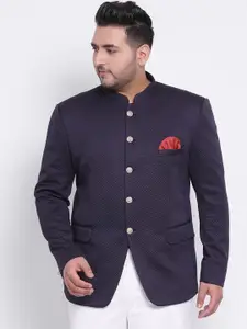 Hangup Men Navy Blue Quilted Single-Breasted Bandhgala Blazer
