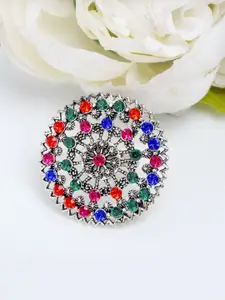 YouBella Silver-Plated Green & Orange Stone-Studded Afghan Adjustable Finger Ring