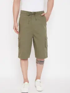 Hypernation Men Olive Green Solid Regular Fit Cargo Shorts