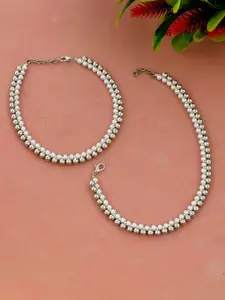 Silvermerc Designs Set Of 2 White Silver-Plated Beaded Western Anklets