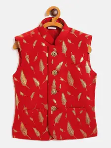 VASTRAMAY Boys Red & Gold-Toned Printed Slim-Fit Woven Nehru Jacket