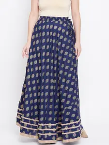 TULIP 21 Women Navy Blue & Golden Ethnic Block Print Flared Maxi Skirt