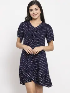 KASSUALLY Women Blue & White Printed A-Line Ruched Mini Dress
