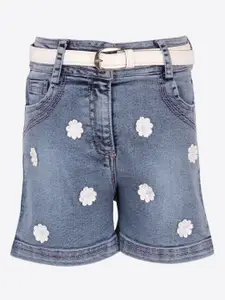 CUTECUMBER Girls Blue Washed Regular Fit Embroidered Denim Shorts