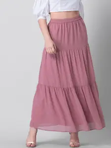 FabAlley Women Pink Solid Tiered Maxi Skirt