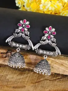 Crunchy Fashion Oxidized Silver-Plated Pink Studded Dome Shaped Jhumkas