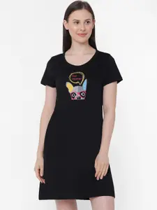 Soie Women Black Printed Super-Soft Cotton Modal Knee-Length Sleep Shirt