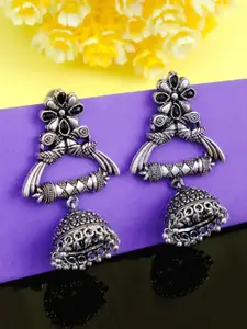 Crunchy Fashion Oxidized Silver-Plated Black Studded Dome Shaped Jhumkas