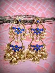 Crunchy Fashion White Gold-Plated Blue & White Handcrafted Classic Drop Earrings