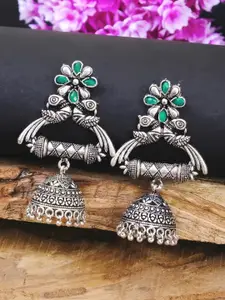 Crunchy Fashion Oxidized Silver-Plated Green Studded Dome Shaped Jhumkas