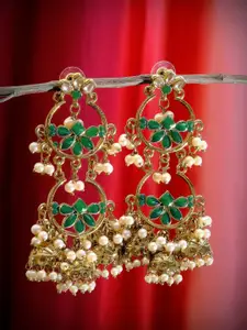 Crunchy Fashion Gold-Plated Green & White Handcrafted Embellished Classic Drop Earrings