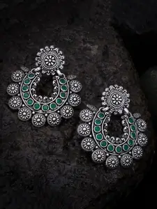 Sukkhi Oxidized Rhodium-Plated & Green Studded Classic Chandbalis