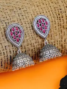 Crunchy Fashion Oxidized Silver-Plated Pink Studded Dome Shaped Jhumkas
