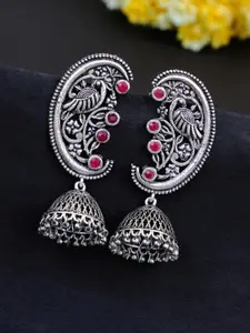 Crunchy Fashion Oxidized Silver-Plated Pink Studded Dome Shaped Jhumkas