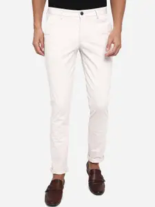 JADE BLUE Men Cream-Coloured Slim Fit Pure Cotton Trousers