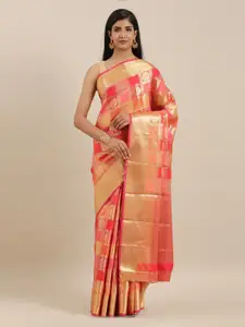 The Chennai Silks Pink & Orange Art Silk Checked Saree