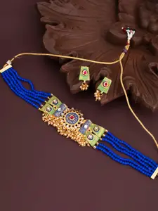 Sukkhi Gold-Plated Green & Blue Kundan-Studded Pearl Meenakari Sustainable Necklace Set