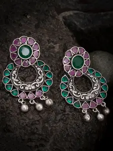 Sukkhi Pink & Green Oxidized Rhodium-Plated Studded Classic Drop Earrings