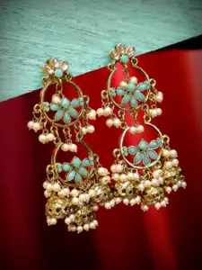 Crunchy Fashion Green & White Antique Gold-Plated Handcrafted Studded Classic Jhumkas