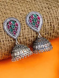 Crunchy Fashion Oxidized Silver-Plated Pink & Green Studded Dome Shaped Jhumkas