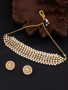 Sukkhi Gold-Plated Maroon & White Kundan Pearl Beaded Choker Necklace Set