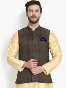 KLOTTHE Men Brown Woven Design Wool Blend Nehru Jacket