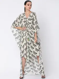 Masaba Women Off-White & Black Cow Print Ruched Effect Kaftan Dress
