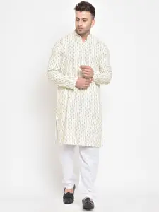 Hangup Men Beige & White Printed Kurta with Pyjamas