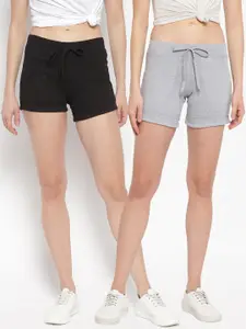 StyleStone Women Set of 2 Black & Grey Solid Regular Fit Pure Cotton Sports Shorts