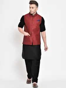 Hangup Men Maroon 3Pc Kurta Pyjama and Nehru Set