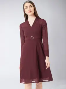 Miss Chase Women Maroon Solid Belted A-Line Dress