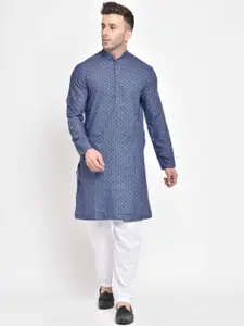 Hangup Men Blue & White Printed Kurta with Pyjamas