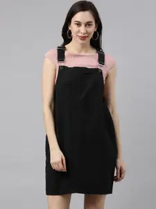 ZHEIA Women Black Solid Cotton Denim Pinafore Dress