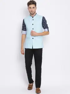 Hangup Men Navy Blue & Black Solid Linen Kurta with Pyjamas & Waistcoat