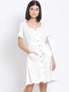 Oxolloxo Women White Solid Fit and Flare Dress