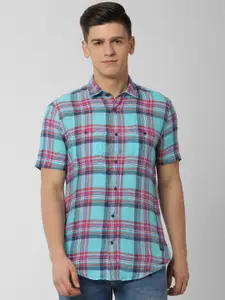 Peter England Men Blue & Red Slim Fit Checked Casual Shirt