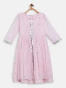 Ahalyaa Girls Pink & Silver Printed Net Layered Maxi Dress